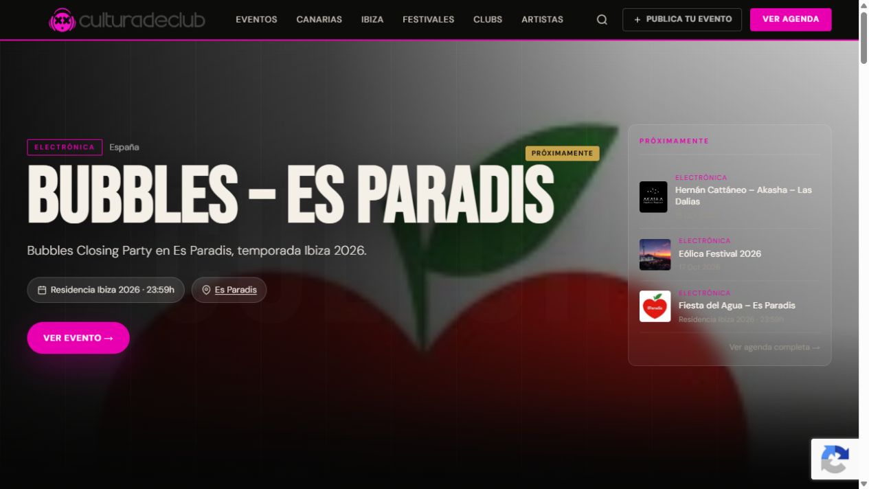 Portada de CulturaDeClub sobre fondo oscuro: evento destacado «Bubbles – Es Paradis» y lista de próximos eventos.